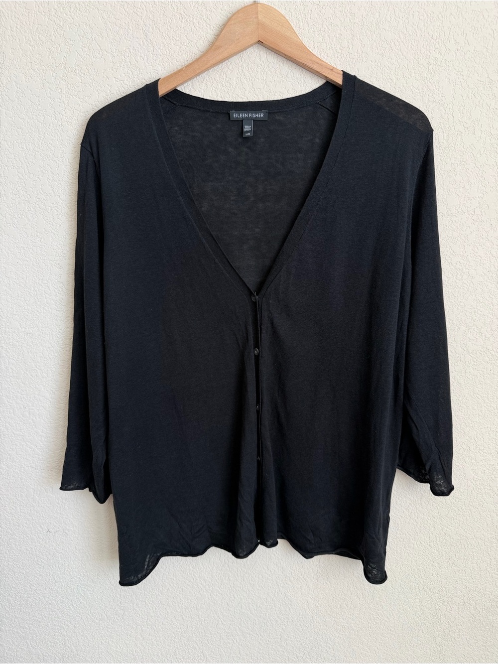 Eileen Fisher Silk Linen Sheer Cardigan L Black V-Neck Button Front 3/4 Sleeve